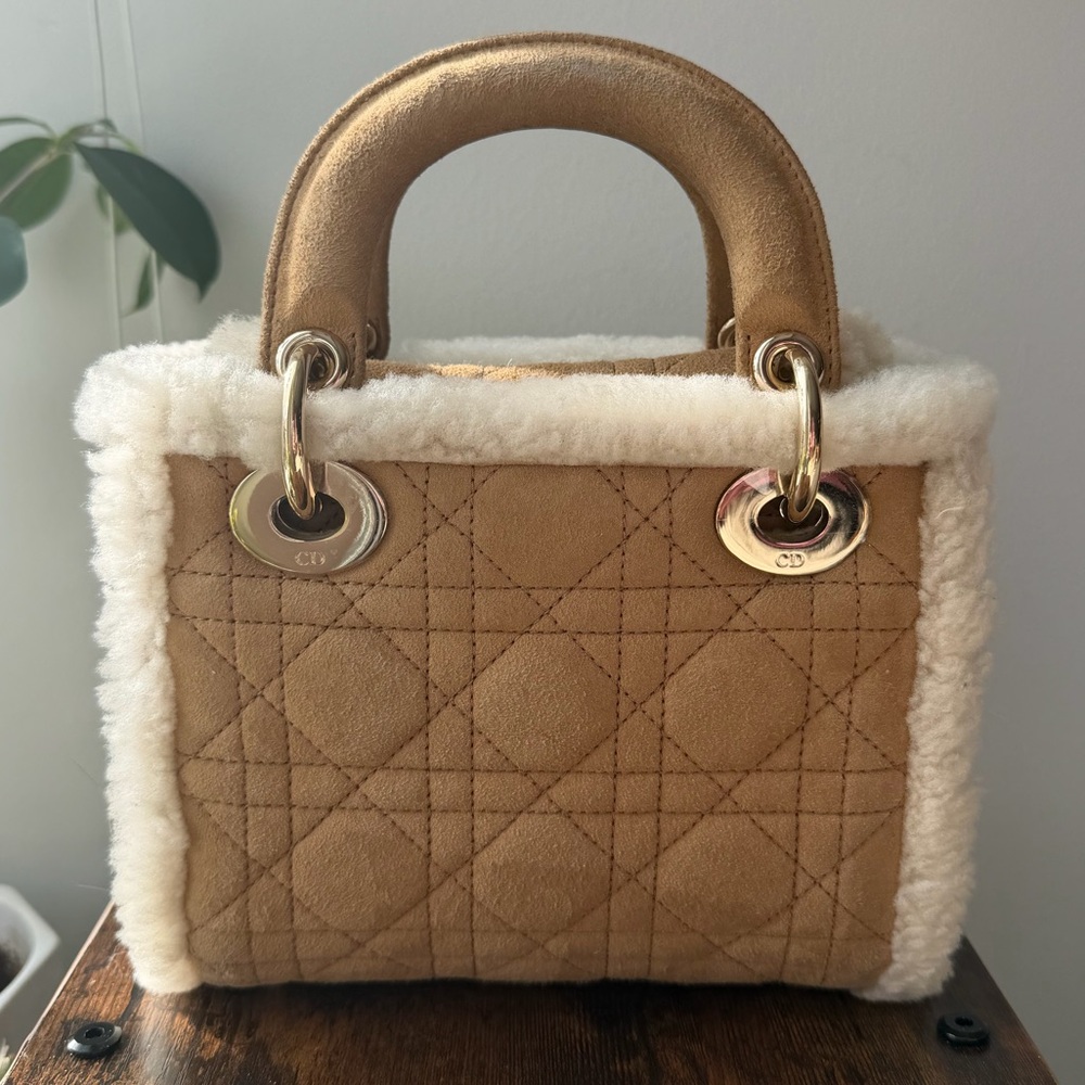Christian Dior Lady Dior Mini Shearling Cannage Suede Bag Ecru w/ Gold Hardware - Picture 3 of 16